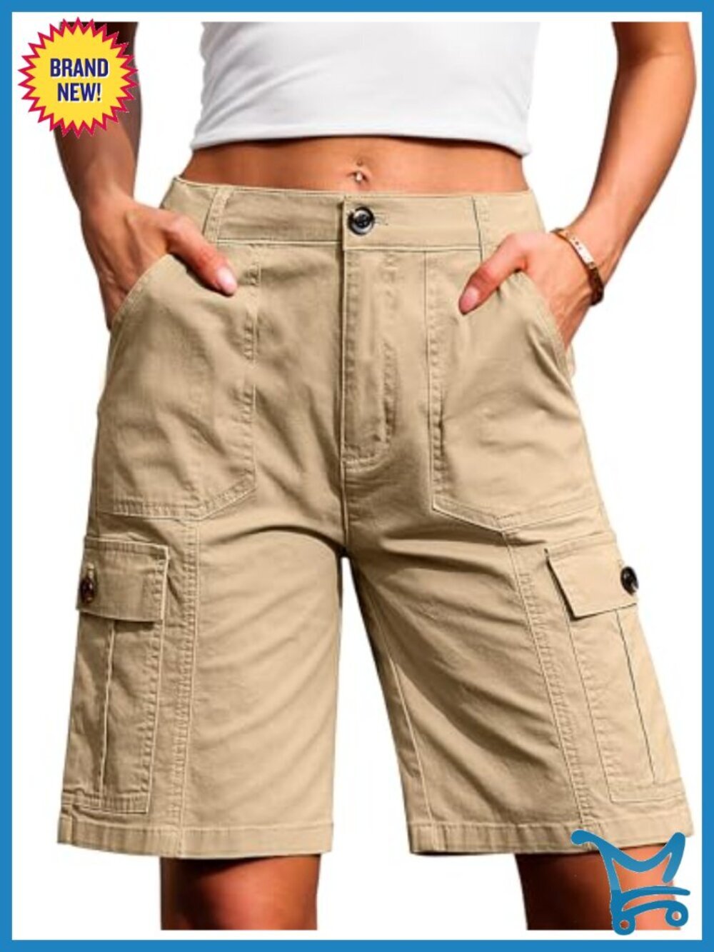 Bermuda Cargo Shorts for Women High Waisted Stretch 9-Inch Inseam 6 Pockets